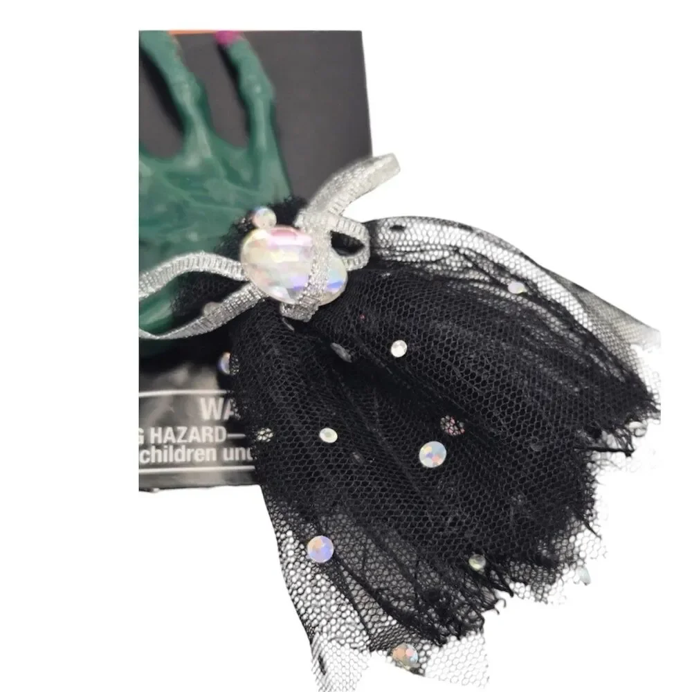 Happy Halloween Creepy Witch Hand Hair Clip Green Sequin Bow Costume Accessory